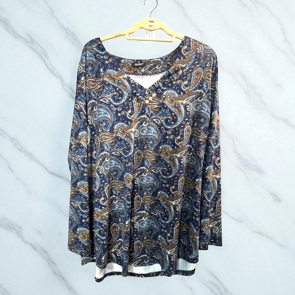 FOLUNSI Tops - Folunsi Blue Orange Paisley Print Pullover Blouse Shirt Top Long Sleeve Plus 3X